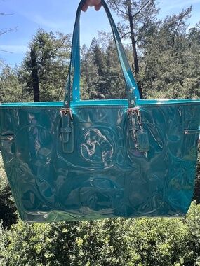VINTAGE COACH Embossed Patent Leather Gallery Tote Shoulder Bag Teal/Turquoise
